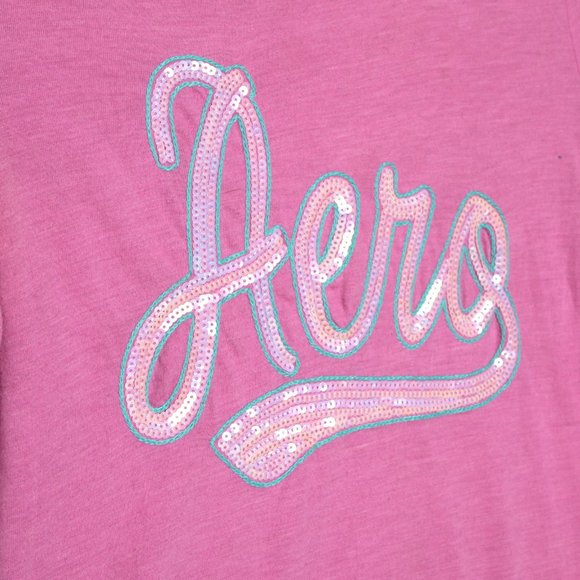 Aeropostal Retro Sequin T-shirt Short Cap Sleeves Top Stretch Glitter Girly Pink - Picture 6 of 6